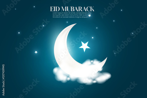 Realistic sky moon design with a mosque. Islamic night sky background design vector. Eid Mubarak has a dark colored background design with a mosque, white half moon, and star. 