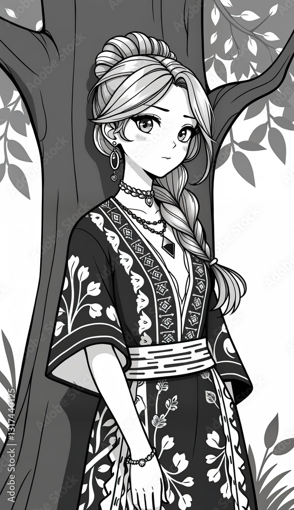 Obraz premium beautifully detailed black-and-white anime-style illustration of a cheerful young woman with long, flowing hair styled in a loose braid.