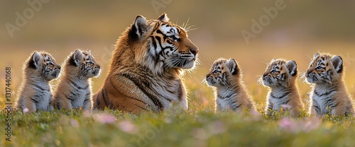 Majestic tiger mother with five adorable cubs in a sunlit meadow.