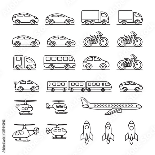 Minimalist Monochrome Line-Art Transportation Icons – Land, Air, Water & Space Vehicles Set