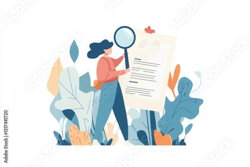 Illustration of a person examining a document with a magnifying glass amidst colorful foliage.