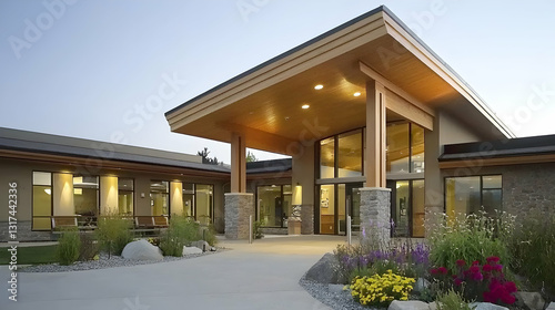 Modern healthcare facility entrance at dusk, landscaped grounds, serene background, ideal for medical brochures