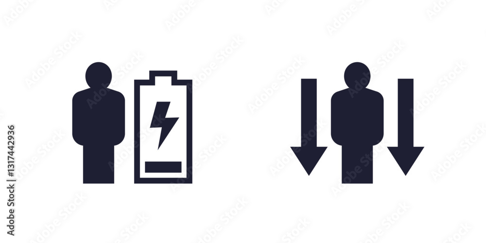 burnout, fatigue icons with low battery and person burnout, fatigue icons with low battery and person