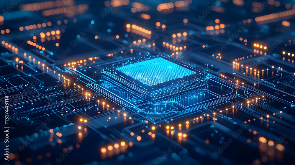 Close Up of a Futuristic Circuit Board With Glowing Blue and Orange Microchip and Intricate Network of Connections Close Up of a Futuristic Circuit Board With Glowing Blue and Orange Microchip and Intricate Network of Connections