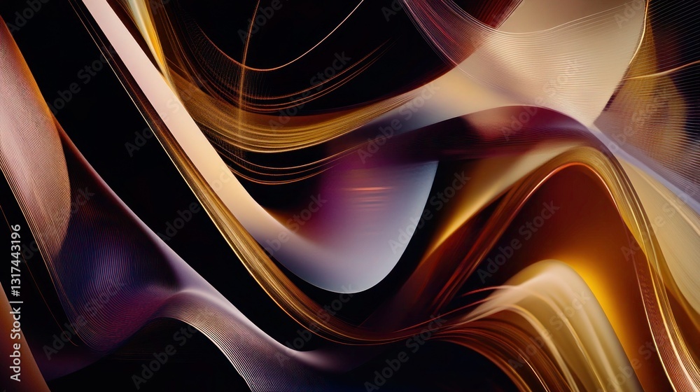Obraz premium Flowing golden ribbons on a dark backdrop, abstract digital design