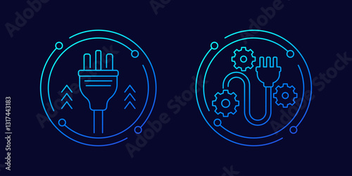 electric plug with 3 pins icons, linear design