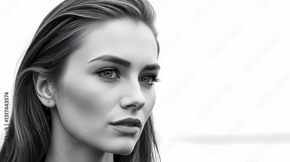 Naklejka premium Black and White Portrait: A captivating black and white portrait captures a young woman's gaze, her piercing blue eyes and tousled hair radiating a sense of calm and determination.