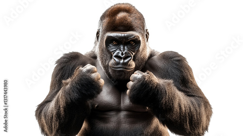 Powerful gorilla beating its chest with strong arms isolated on a transparent background 