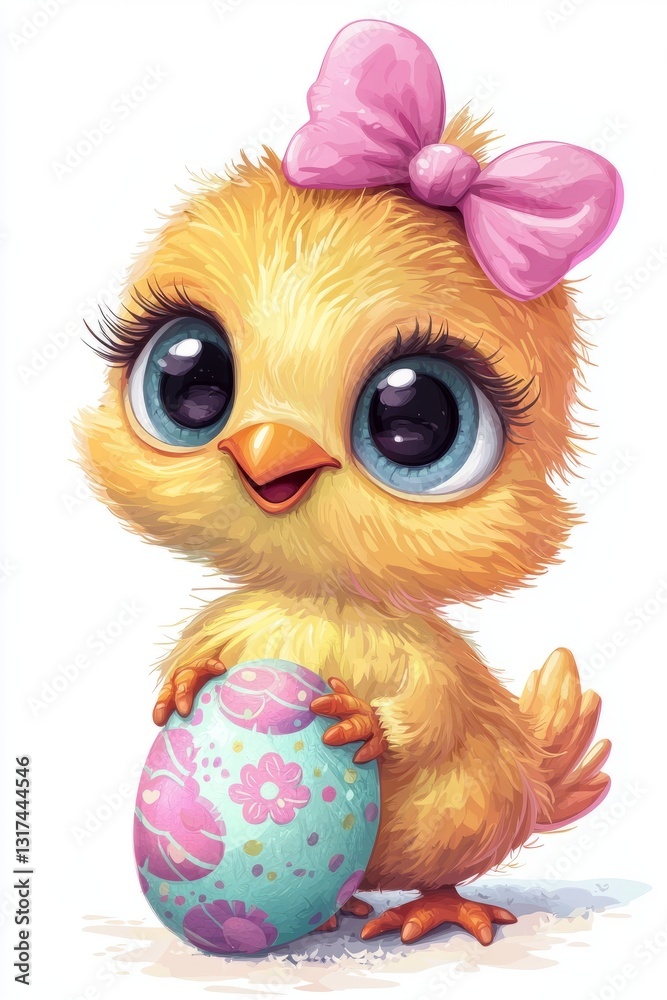 Obraz premium This adorable chick, wearing a pink bow, holds a beautifully decorated Easter egg, surrounded by vibrant flowers, capturing the joyful essence of Easter celebrations.