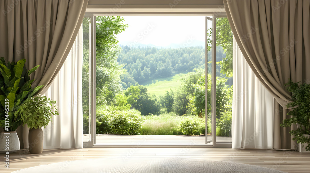 Fototapeta premium Beige Curtains Framing a Window with a Green Landscape View