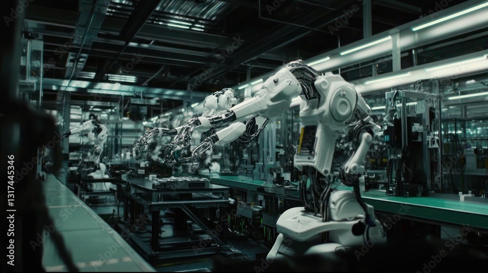 Automated production line showcasing robotic arms in an industrial setting Automated production line showcasing robotic arms in an industrial setting