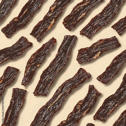Savory jerky strips arranged in a playful pattern on a neutral background inviting tasty snacking moments