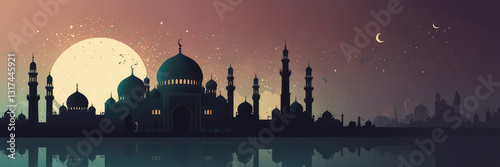 Islamic Banner Design with Mosque Silhouette Background and Decorated with Decorative Frame. Backdrop Design for Eid al-Fitr, Eid al-Adha and Islamic New Year