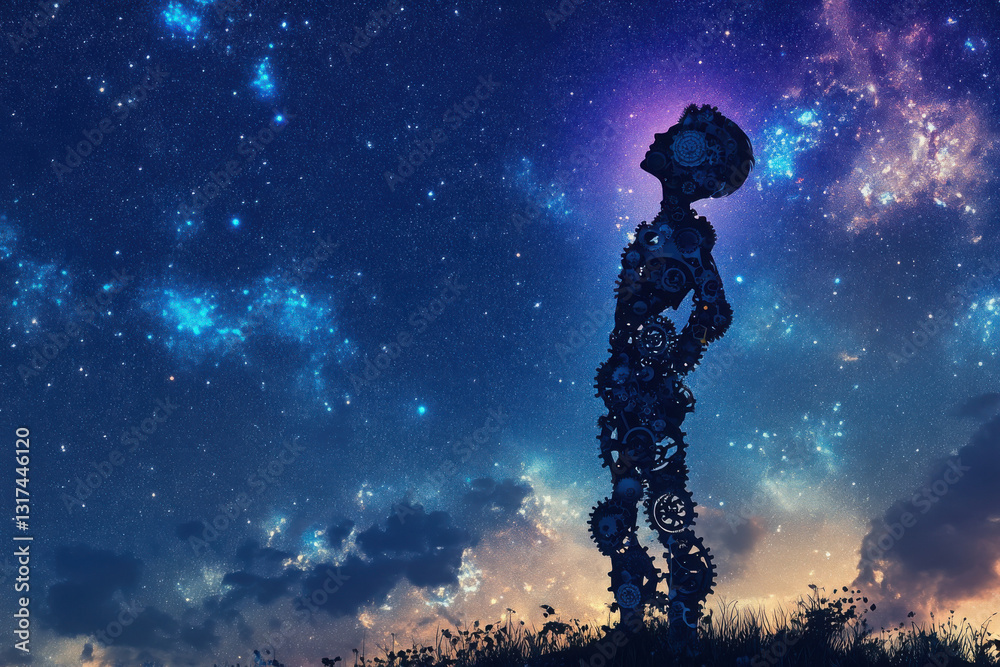 Obraz premium Silhouette of a child made of gears gazing at the starry night sky, evoking wonder and imagination.