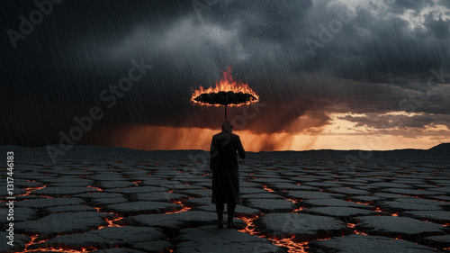 Silhouette of person holding flaming umbrella under rainy sky, standing on cracked, lava-like ground. Surreal scene depicts resilience or defiance amidst chaos