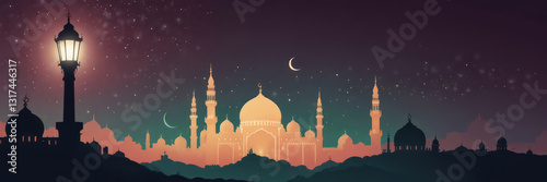 Islamic Banner Design with Mosque Silhouette Background and Decorated with Decorative Frame. Backdrop Design for Eid al-Fitr, Eid al-Adha and Islamic New Year