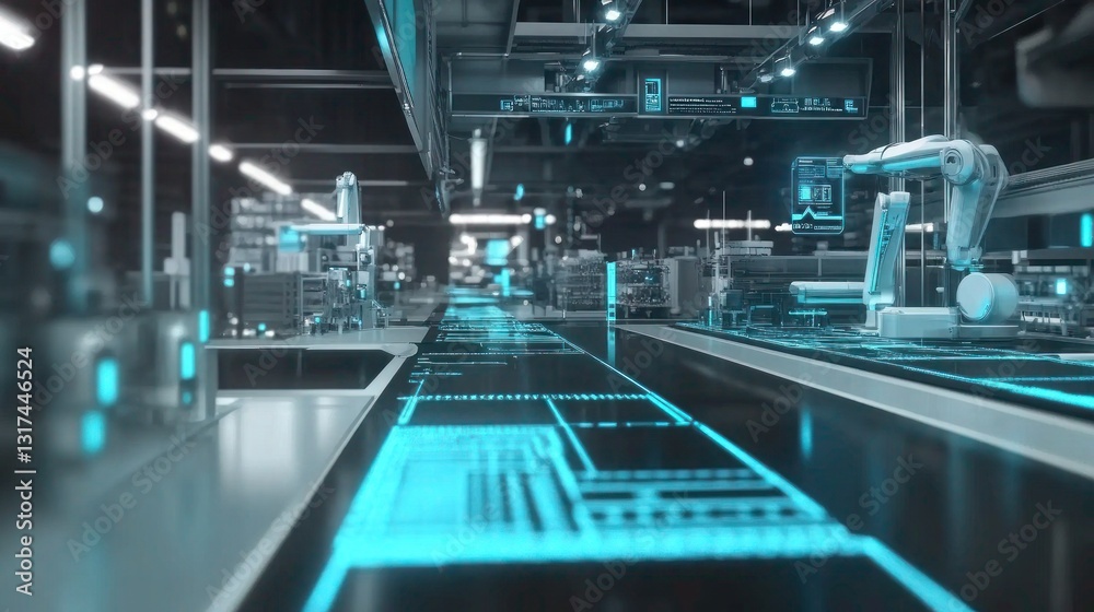 Futuristic Automated Manufacturing Facility with Robotic Arms and Conveyor Belts Futuristic Automated Manufacturing Facility with Robotic Arms and Conveyor Belts
