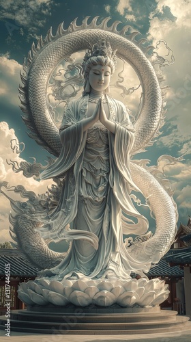 Serene Guan Yin Statue with Dragon, Chinese Temple, Spirituality