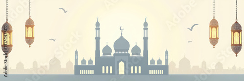 Islamic Banner Design with Silhouette of Mosque at Sunrise with Hanging Lanterns and Scenic Background. Backdrop Design for Eid al-Fitr, Eid al-Adha and Islamic New Year