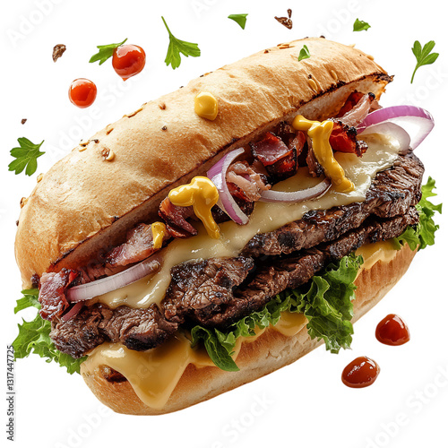 Juicy Steak Sandwich with Onions Cheese and Mustard Isolated on Transparent Background