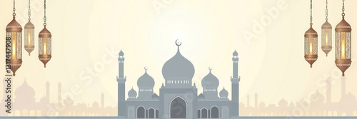 Islamic Banner Design with Silhouette of Mosque at Sunrise with Hanging Lanterns and Scenic Background. Backdrop Design for Eid al-Fitr, Eid al-Adha and Islamic New Year