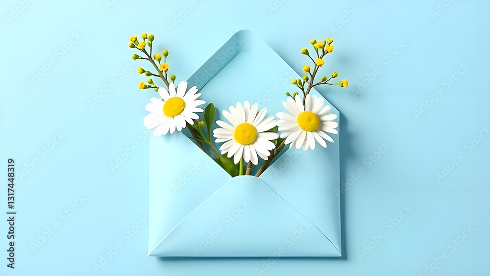 A cute and adorable blue envelope with daisies and bright yellow mimosa flowers is perfect for the spring season.