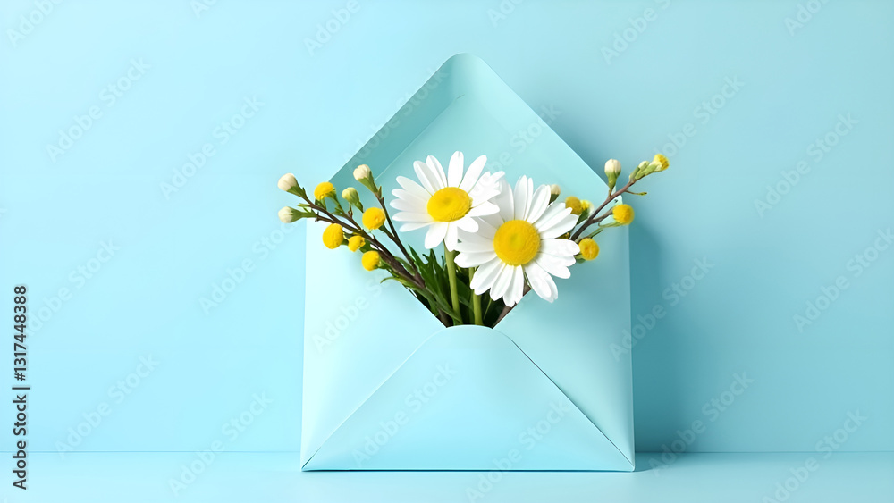 A cute and adorable blue envelope with daisies and bright yellow mimosa flowers is perfect for the spring season.
