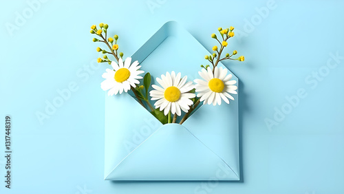 Obraz na płótnie A cute and adorable blue envelope with daisies and bright yellow mimosa flowers is perfect for the spring season. w salonie