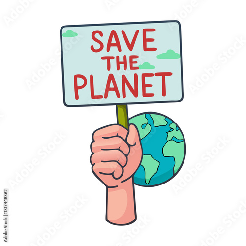 Hand raising “Save the Planet” sign with earth