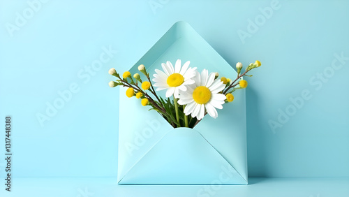 Obraz na płótnie A cute and adorable blue envelope with daisies and bright yellow mimosa flowers is perfect for the spring season. w salonie