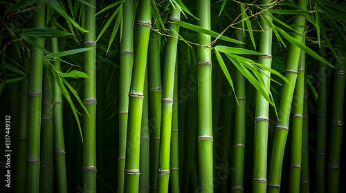 Lush Green Bamboo Forest With Dark Background And Vibrant Foliage Texture in Sunlight