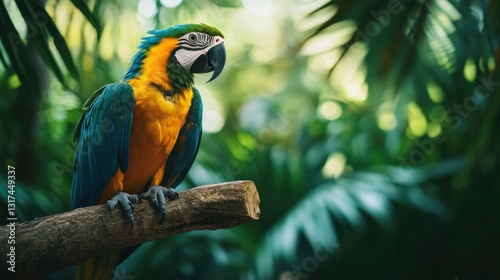 Exotic parrot perched on a branch amidst lush tropical foliage