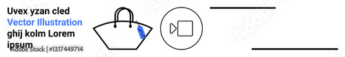 Handbag icon with blue highlight, video play button in a circle, and parallel lines. Ideal for retail branding, fashion projects, video tutorials, e-commerce banners, digital marketing, design