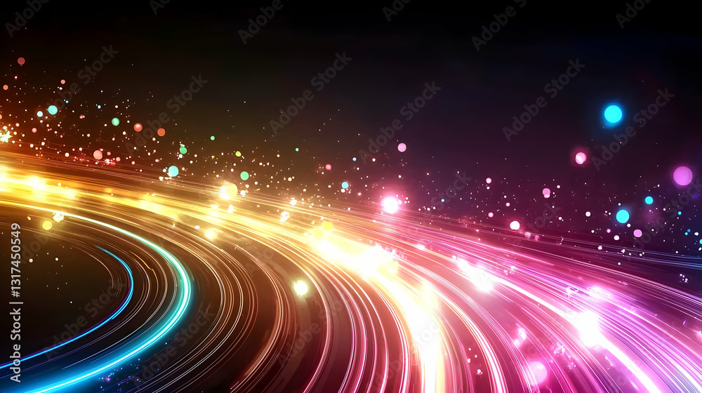 Fototapeta premium Vivid Glowing Particles Form Swirling Colorful Lines In A Dynamic Abstract Background With A Festive And Futuristic Atmosphere