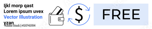 Wallet icon with three cards, circular arrows around dollar sign, and large FREE text in blue. Ideal for financial services, online transactions, free currency exchange, cost-saving, fintech apps