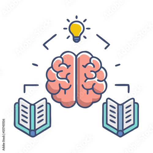 Brain with books and light bulb representing knowledge