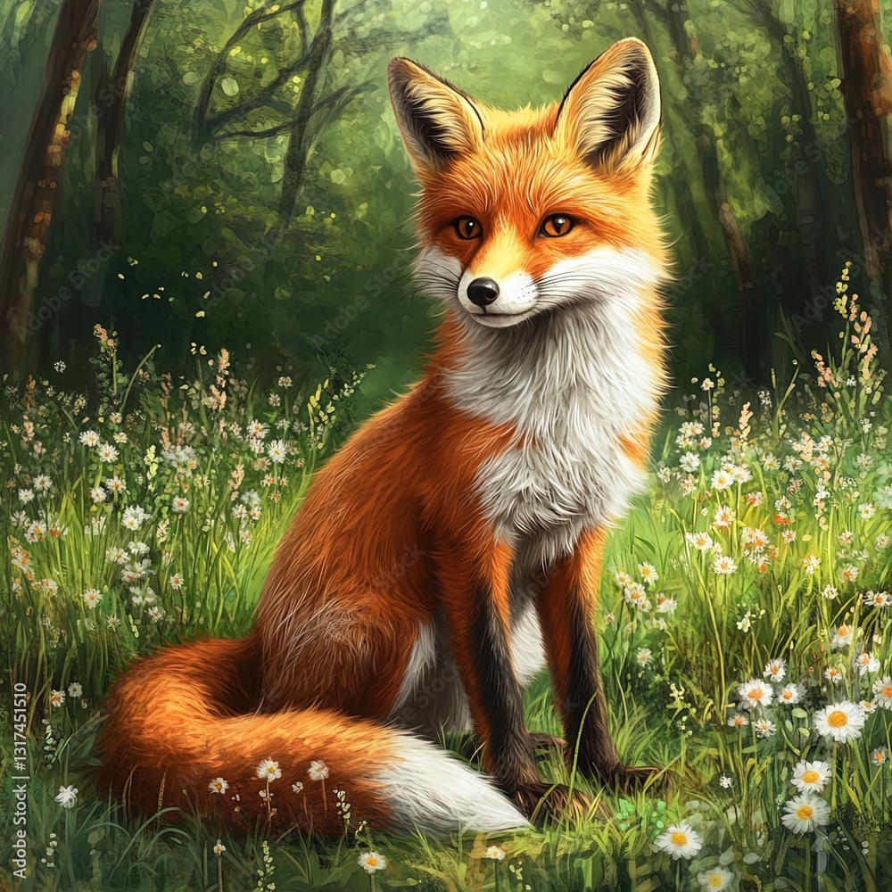 Fototapeta premium A young red fox sitting in a field of wildflowers.