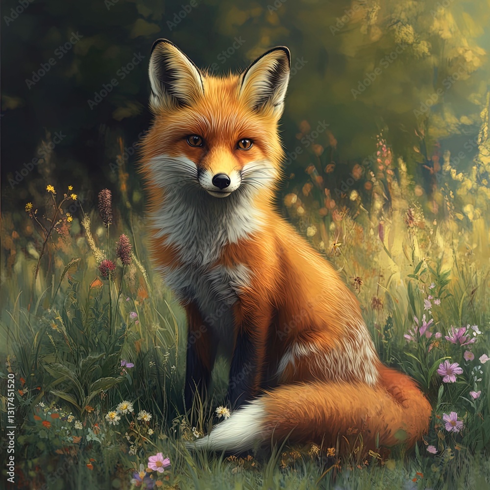 Obraz premium A young red fox sitting in a field of wildflowers.
