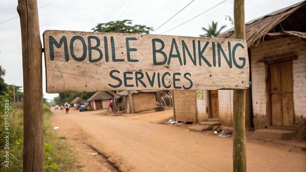 Rustic mobile banking sign in rural area, highlighting digital financial services accessibility.