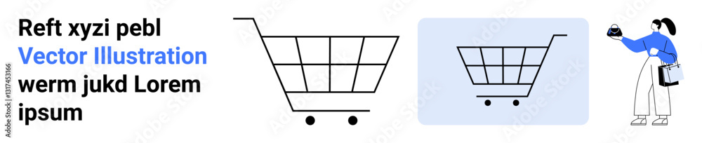 Empty shopping cart design accompanied by a figure holding a bag. Ideal for e-commerce, retail, shopping, sales, digital marketplace, consumer buying, flat landing page banner Empty shopping cart design accompanied by a figure holding a bag. Ideal for e-commerce, retail, shopping, sales, digital marketplace, consumer buying, flat landing page banner