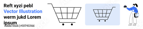 Empty shopping cart design accompanied by a figure holding a bag. Ideal for e-commerce, retail, shopping, sales, digital marketplace, consumer buying, flat landing page banner