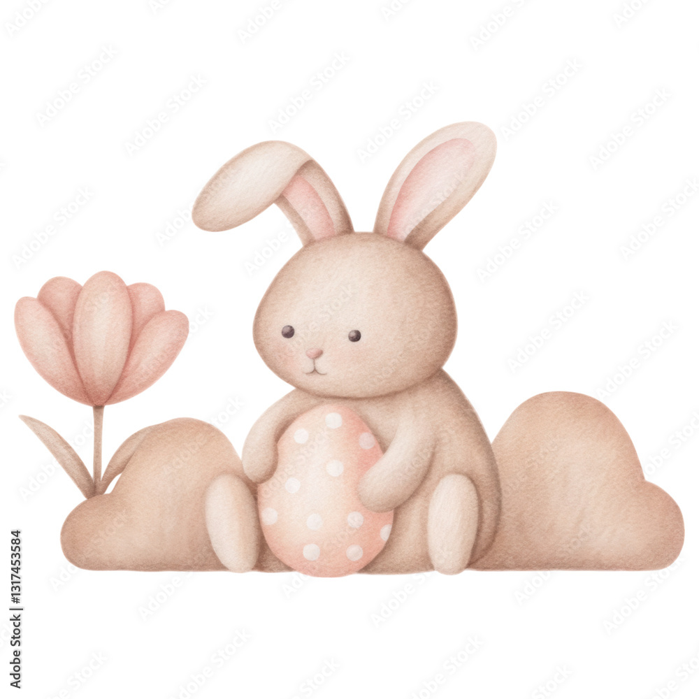Obraz premium easter element, cute fluffy rabbit holding pastel Easter egg with flower nearby