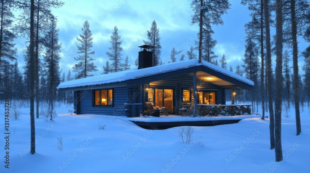 Naklejka premium Winter Cabin Getaway: Snowy Forest Escape