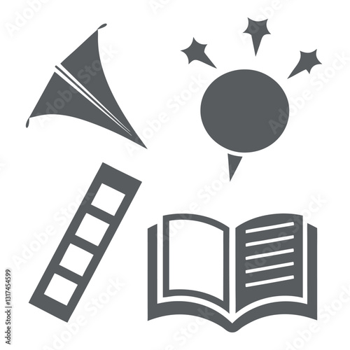 a set of icons including a megaphone spotlight and open book representing themes of communication learning and the dissemination of knowledge