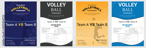 Volleyball championship flyer layout, volleyball tournament flyer template vector Sport trading card template. Isolated 3d vector cards featuring athlete or team names and place for images, allow fans