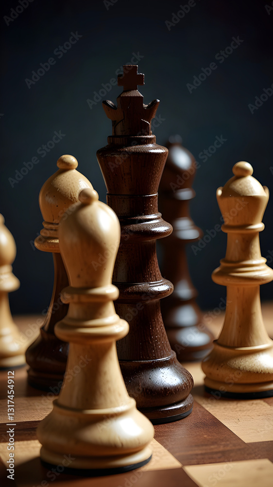 The Black King Stands Tall, Defiant Amidst His White Opponents, Bathed In Dramatic Light And Shadow On A Richly Colored Chessboard The Black King Stands Tall, Defiant Amidst His White Opponents, Bathed In Dramatic Light And Shadow On A Richly Colored Chessboard