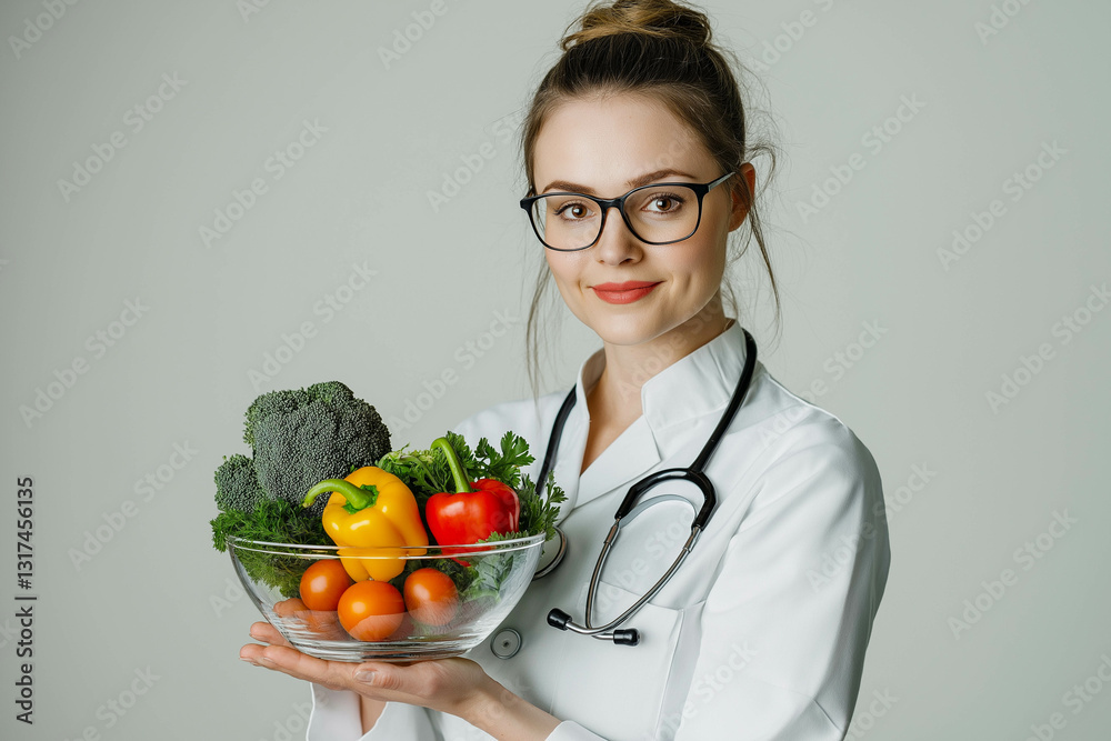 Smiling female doctor wearing glasses holding bowl of fresh vegetables promoting healthy eating habits Smiling female doctor wearing glasses holding bowl of fresh vegetables promoting healthy eating habits
