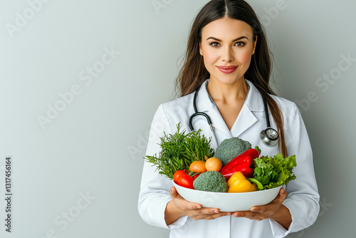 Smiling female dietitian holding bowl full of fresh vegetables promoting healthy nutrition and lifestyle