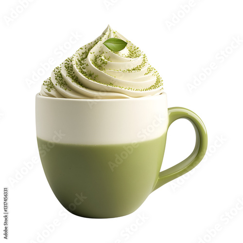 Matcha Mug Cake with Whipped Cream Isolated on Transparent Background