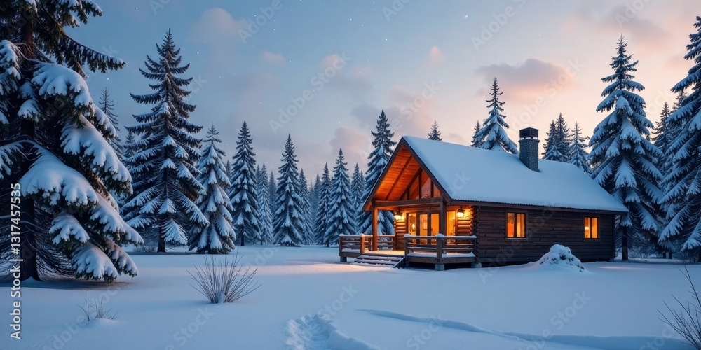 Naklejka premium Serene Winter Cabin Retreat in a Snow-Covered Pine Forest at Dusk